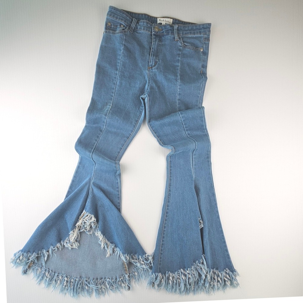 Peach Love California Blue Bell Bottom Jeans Frayed Hem Boho Flare Juniors Small